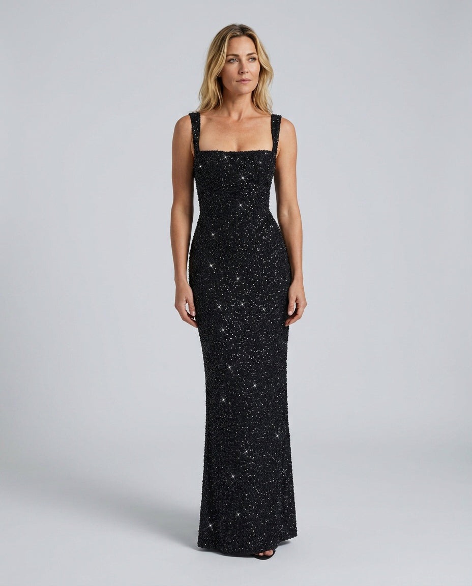 EVIE | Sequin Tie-Up Square Neck Maxi Dress