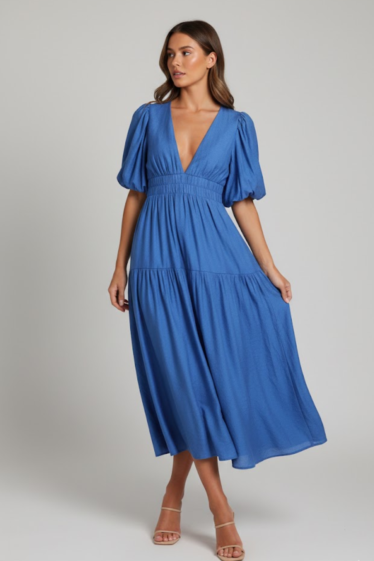 EVIE | Tiered Puff Sleeve V-Neck Midi Dress