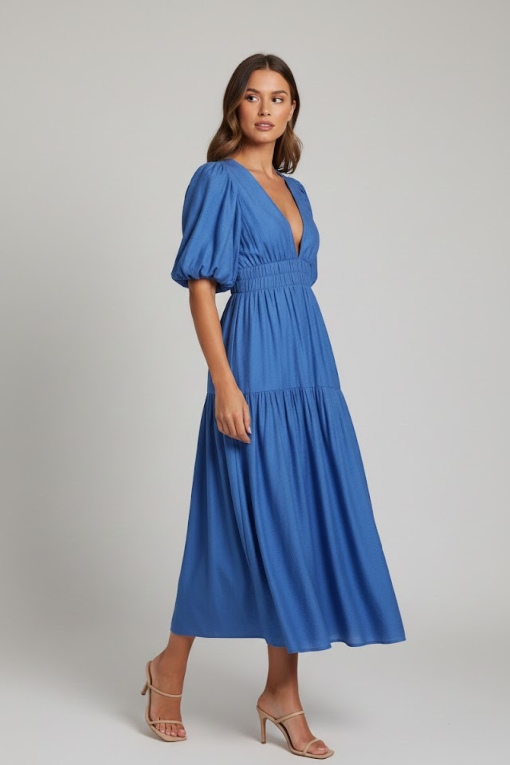 EVIE | Tiered Puff Sleeve V-Neck Midi Dress