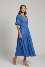 EVIE | Tiered Puff Sleeve V-Neck Midi Dress
