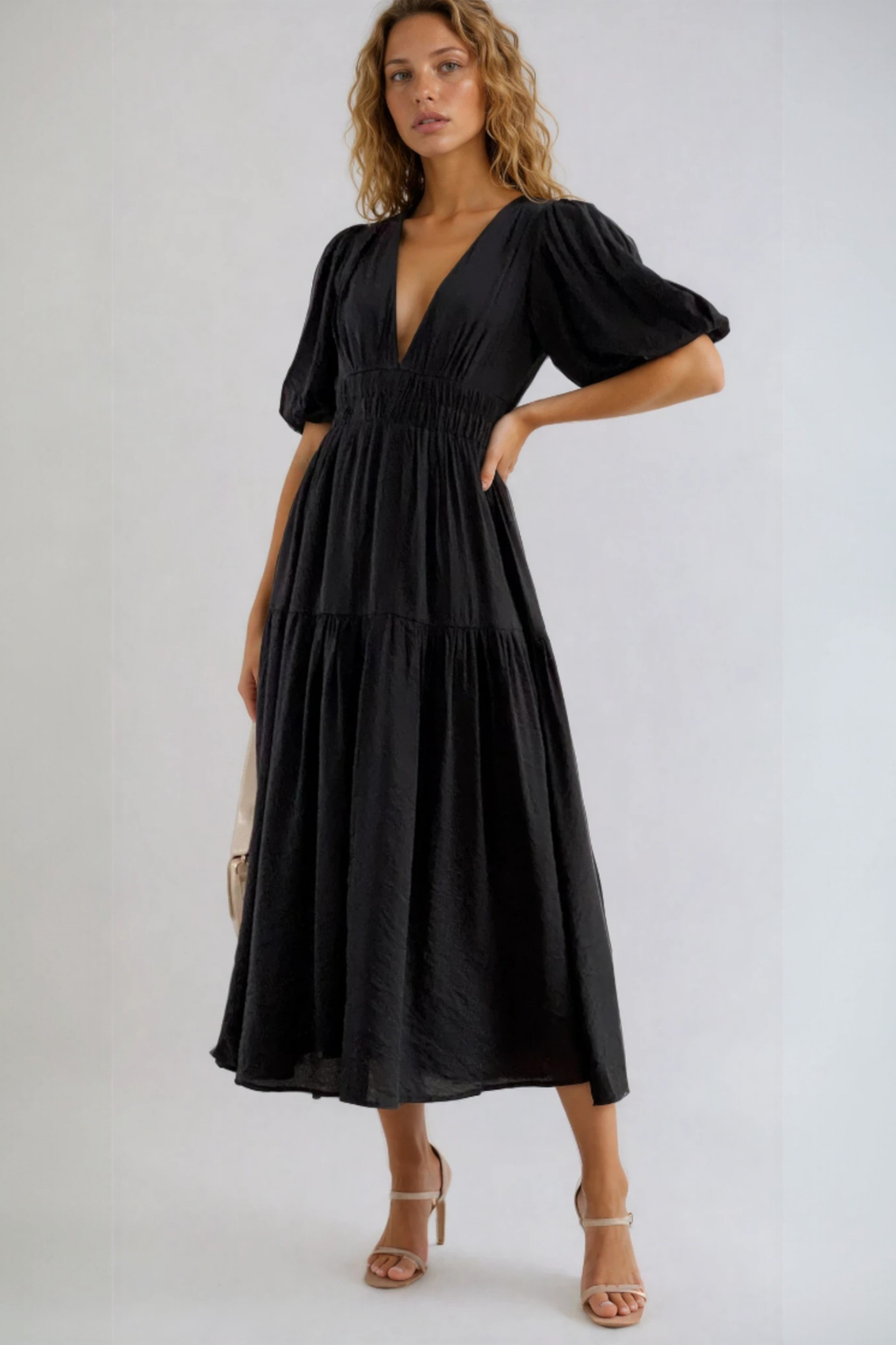 EVIE | Tiered Puff Sleeve V-Neck Midi Dress