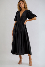 EVIE | Tiered Puff Sleeve V-Neck Midi Dress