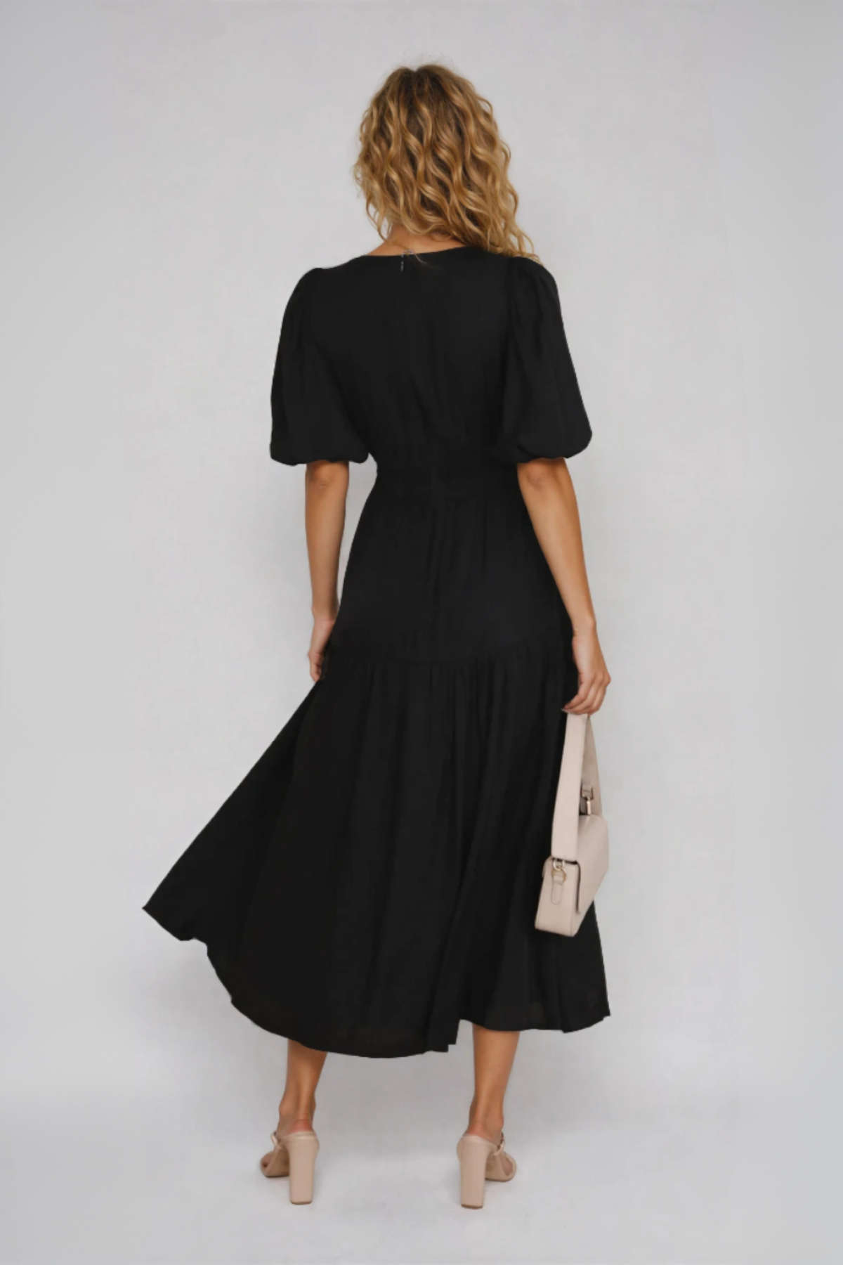 EVIE | Tiered Puff Sleeve V-Neck Midi Dress