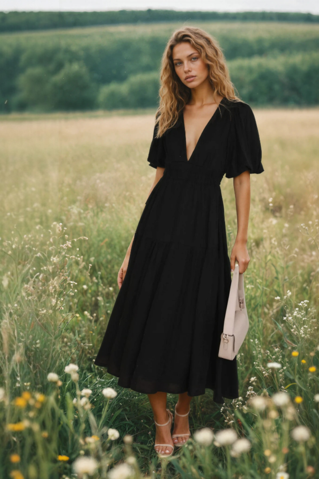 EVIE | Tiered Puff Sleeve V-Neck Midi Dress
