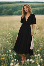 EVIE | Tiered Puff Sleeve V-Neck Midi Dress