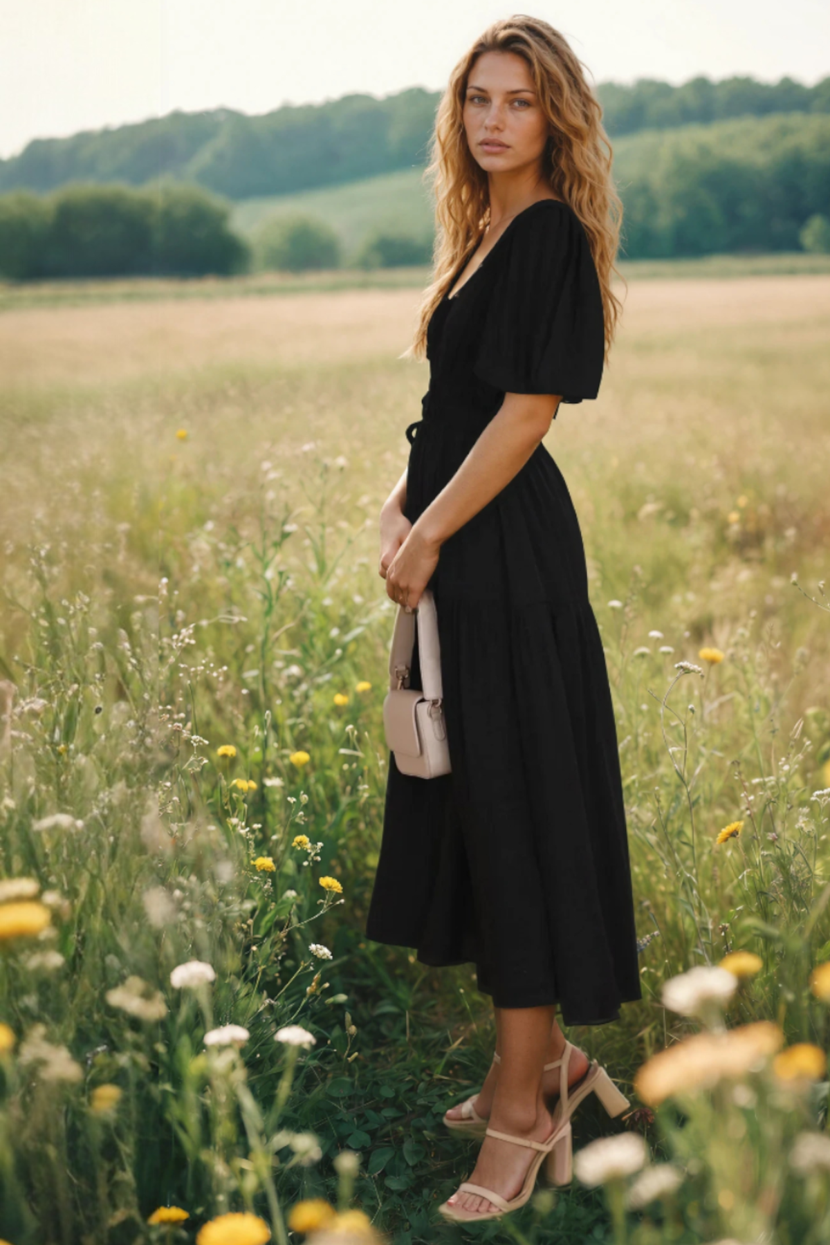 EVIE | Tiered Puff Sleeve V-Neck Midi Dress