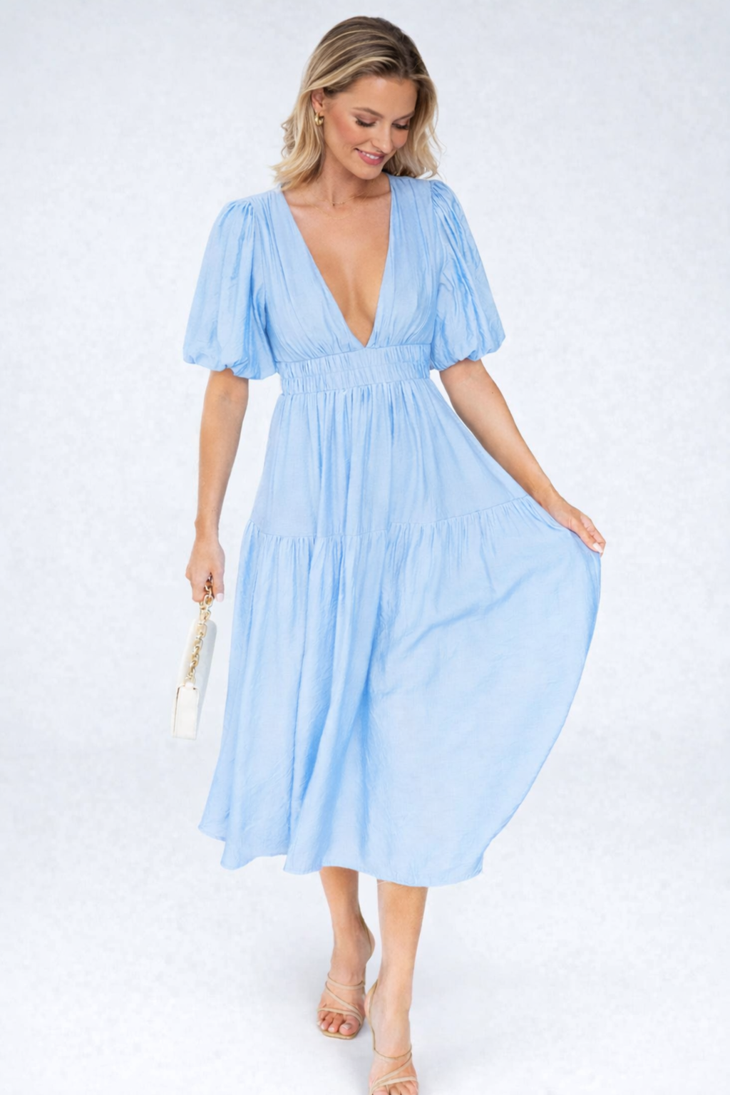 EVIE | Tiered Puff Sleeve V-Neck Midi Dress