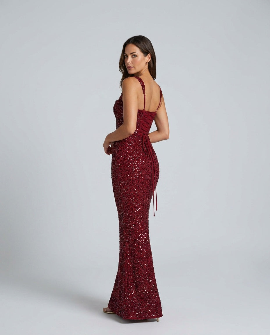 EVIE | Sequin Tie-Up Square Neck Maxi Dress