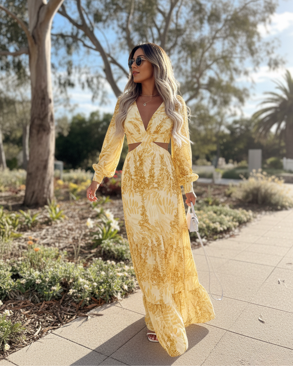 EVIE | Long Sleeve Cut-Out Waist Tiered Maxi Dress