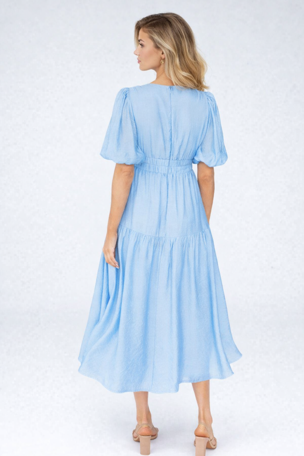 EVIE | Tiered Puff Sleeve V-Neck Midi Dress