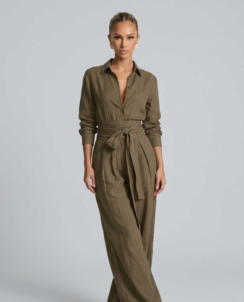 EVIE | Long Sleeve Shirt Collar Belted Jumpsuit