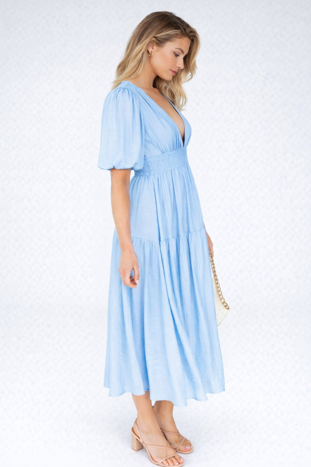 EVIE | Tiered Puff Sleeve V-Neck Midi Dress