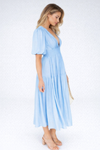 EVIE | Tiered Puff Sleeve V-Neck Midi Dress