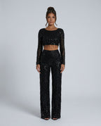 EVIE | Sequin Long Sleeve Crop Top Wide Leg Pants Set