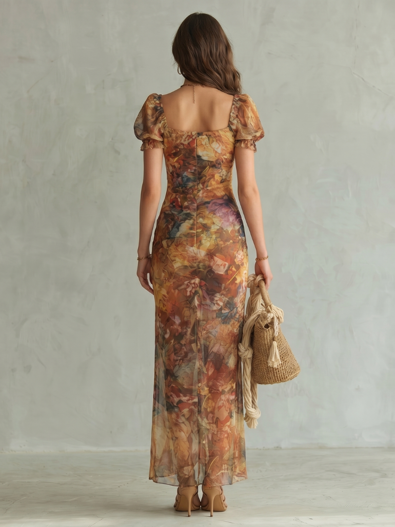 EVIE | Ruffle Sleeve Ruched Slit Midi Dress