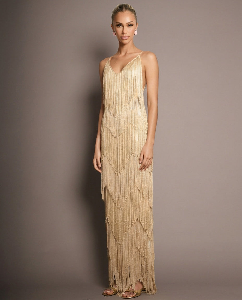 EVIE | Fringe Tiered V-Neck Cami Maxi Dress
