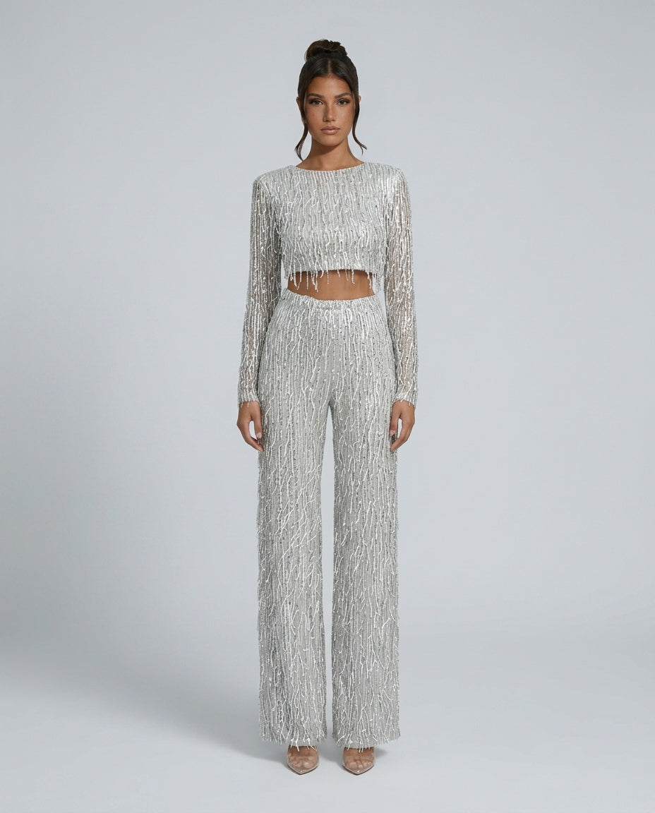EVIE | Sequin Long Sleeve Crop Top Wide Leg Pants Set