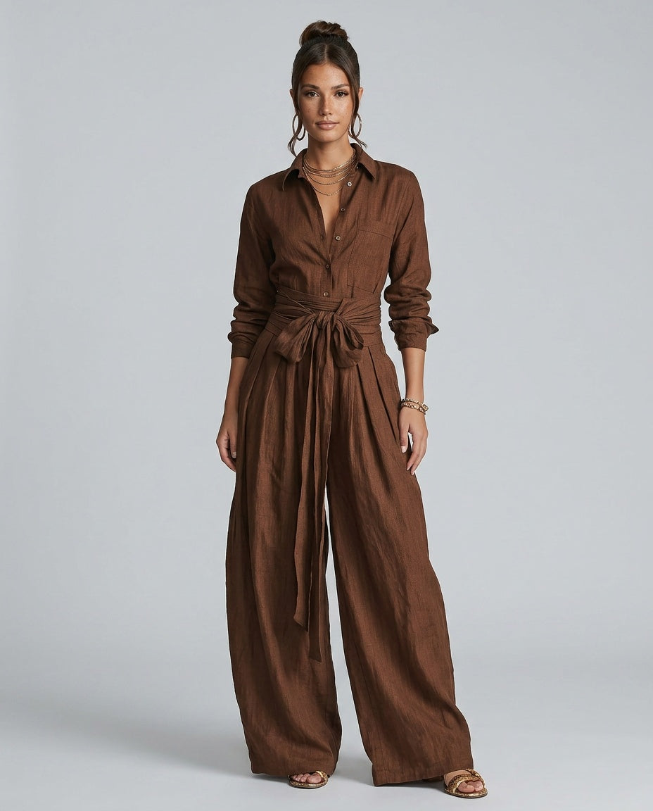 EVIE | Long Sleeve Shirt Collar Belted Jumpsuit