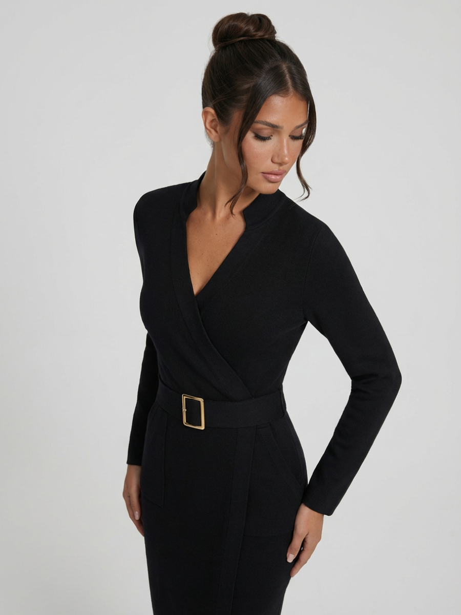 EVIE | Belted Wrap Long Sleeve Midi Dress