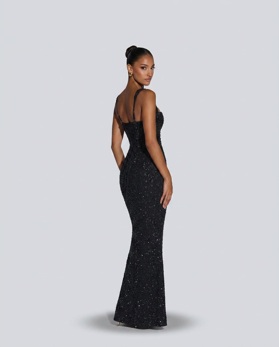 EVIE | Sequin Tie-Up Square Neck Maxi Dress