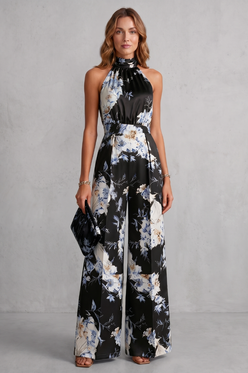 EVIE | Floral Print Halter Wide Leg Jumpsuit