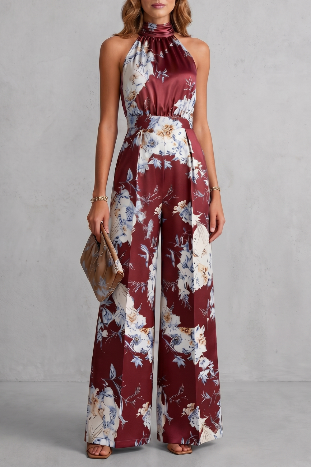 EVIE | Floral Print Halter Wide Leg Jumpsuit