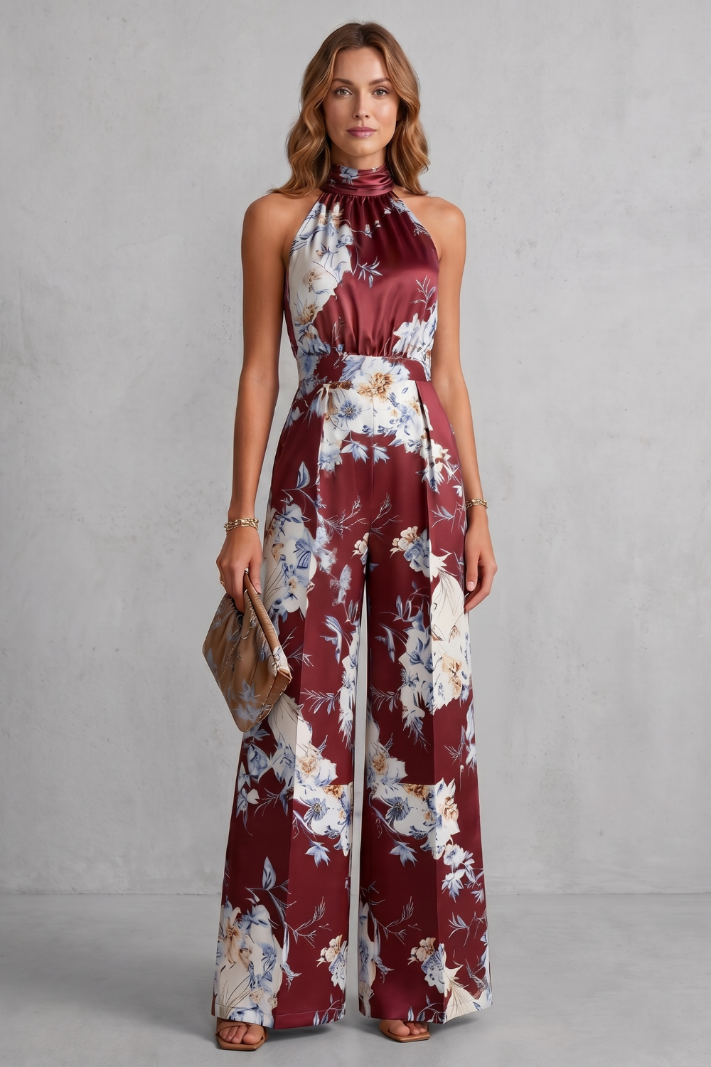 EVIE | Floral Print Halter Wide Leg Jumpsuit