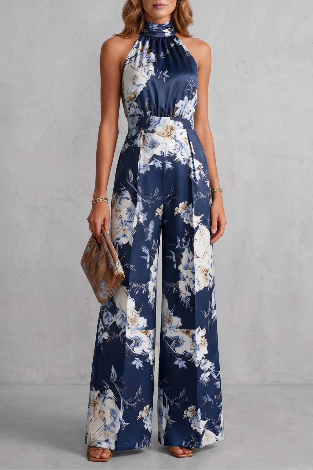 EVIE | Floral Print Halter Wide Leg Jumpsuit