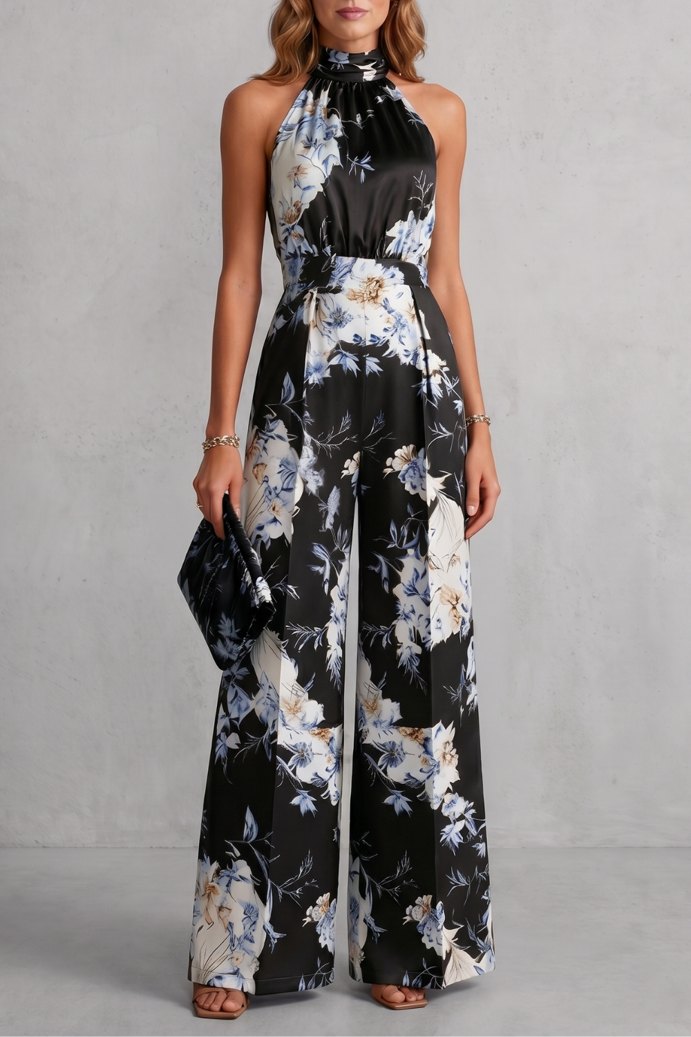 EVIE | Floral Print Halter Wide Leg Jumpsuit