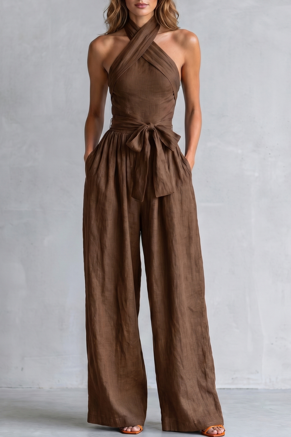 EVIE | Cross Halter Wide Leg Jumpsuit