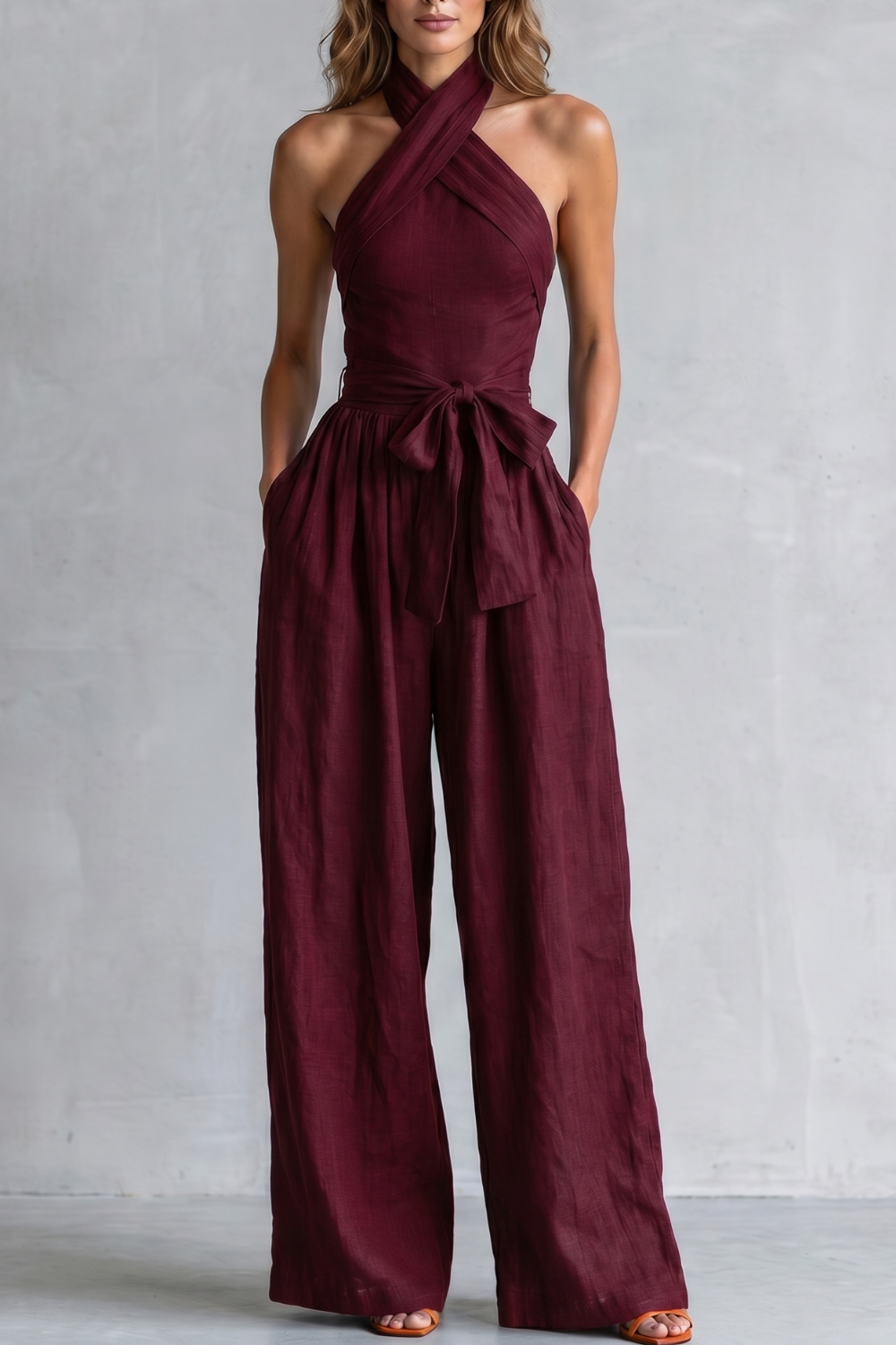 EVIE | Cross Halter Wide Leg Jumpsuit