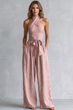 EVIE | Cross Halter Wide Leg Jumpsuit