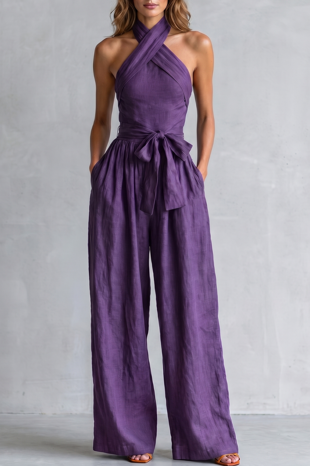 EVIE | Cross Halter Wide Leg Jumpsuit