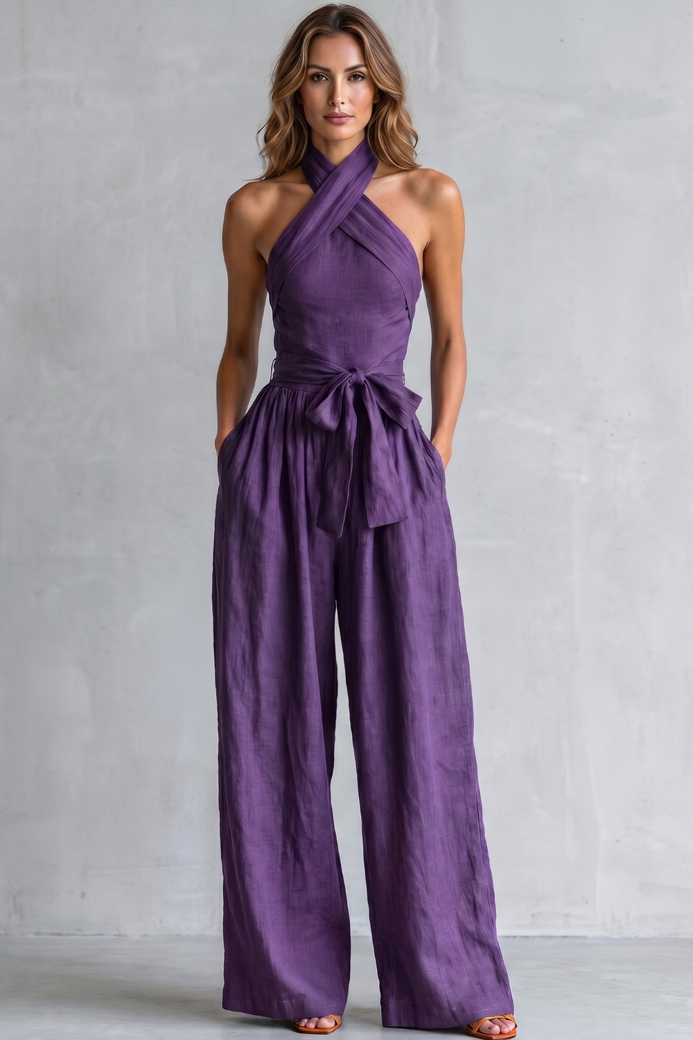 EVIE | Cross Halter Wide Leg Jumpsuit