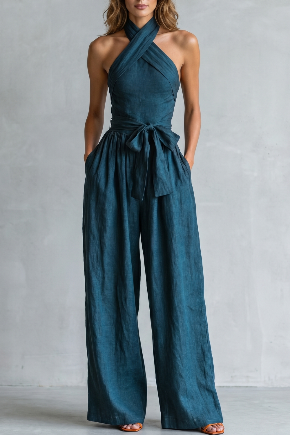 EVIE | Cross Halter Wide Leg Jumpsuit