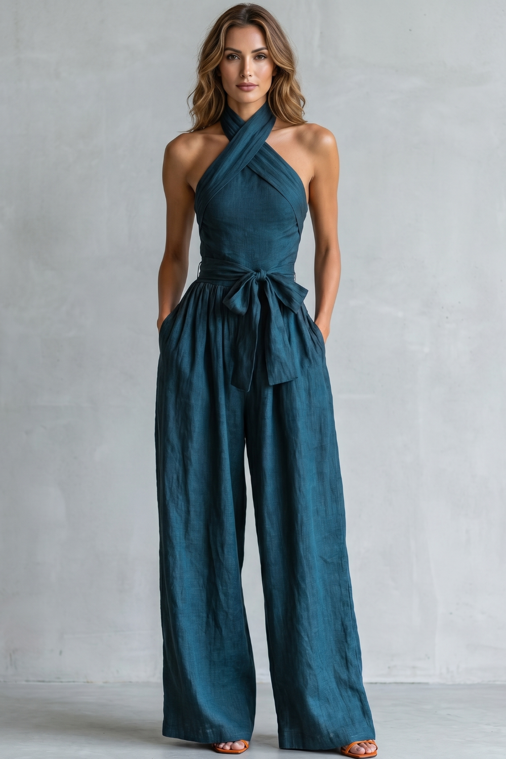 EVIE | Cross Halter Wide Leg Jumpsuit