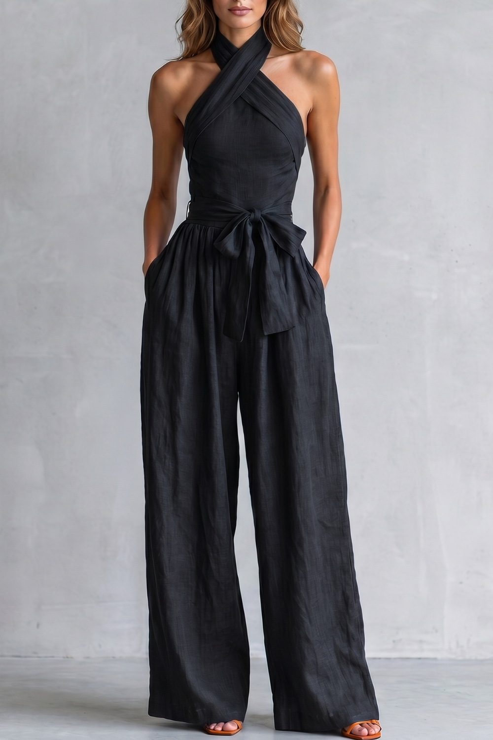 EVIE | Cross Halter Wide Leg Jumpsuit