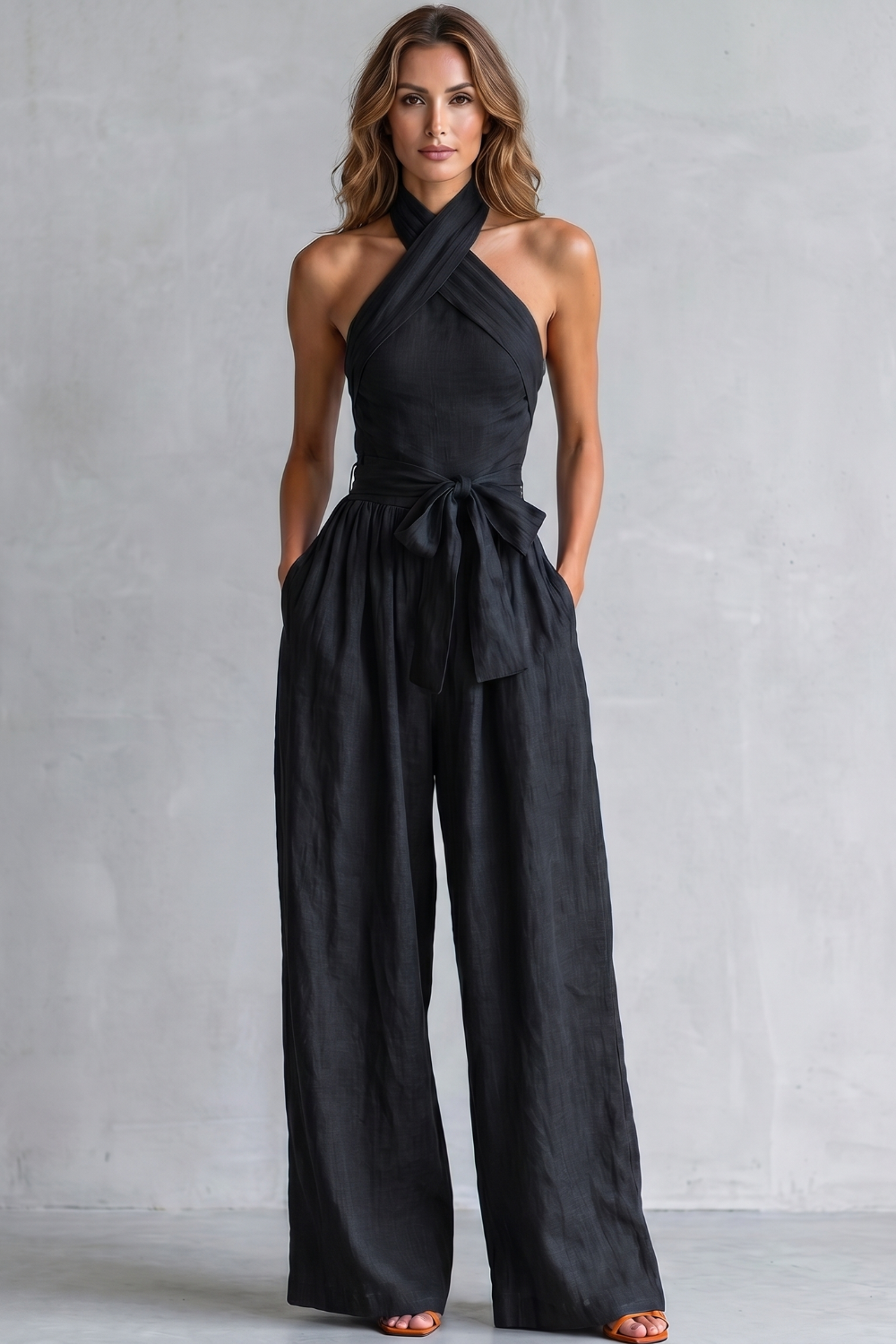 EVIE | Cross Halter Wide Leg Jumpsuit