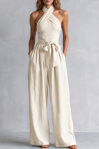 EVIE | Cross Halter Wide Leg Jumpsuit