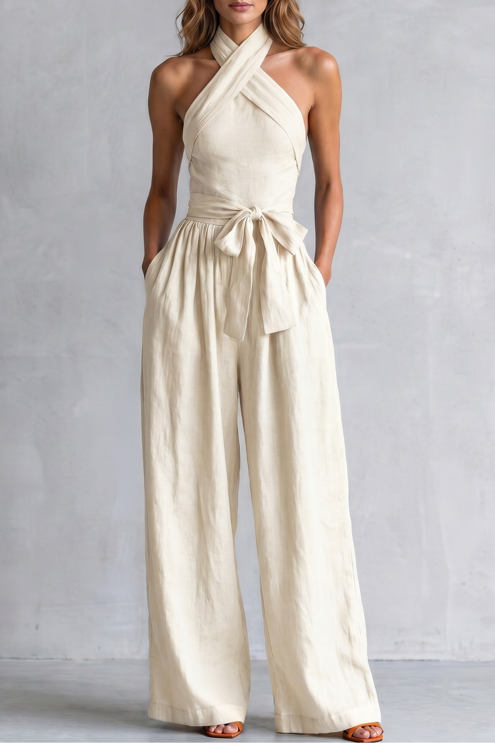 EVIE | Cross Halter Wide Leg Jumpsuit
