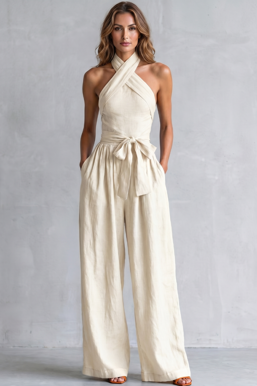 EVIE | Cross Halter Wide Leg Jumpsuit
