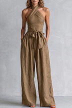 EVIE | Cross Halter Wide Leg Jumpsuit