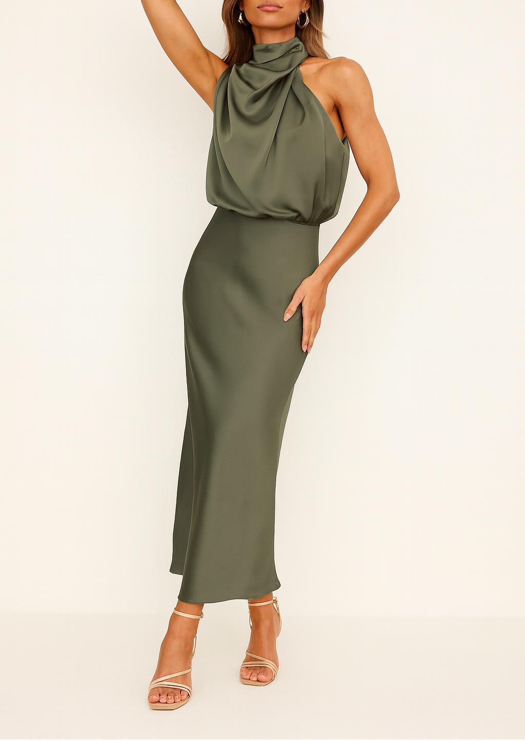 EVIE | Off Shoulder Satin Midi Dress