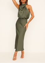 EVIE | Off Shoulder Satin Midi Dress