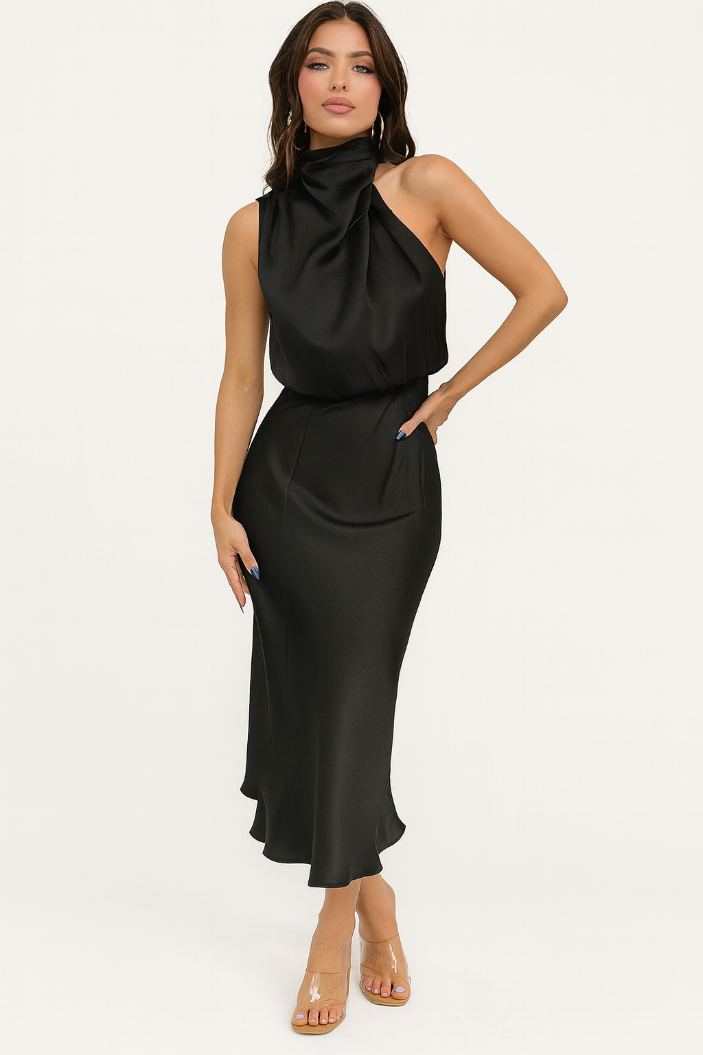 EVIE | Off Shoulder Satin Midi Dress