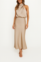 EVIE | Off Shoulder Satin Midi Dress