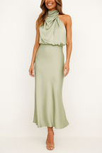 EVIE | Off Shoulder Satin Midi Dress