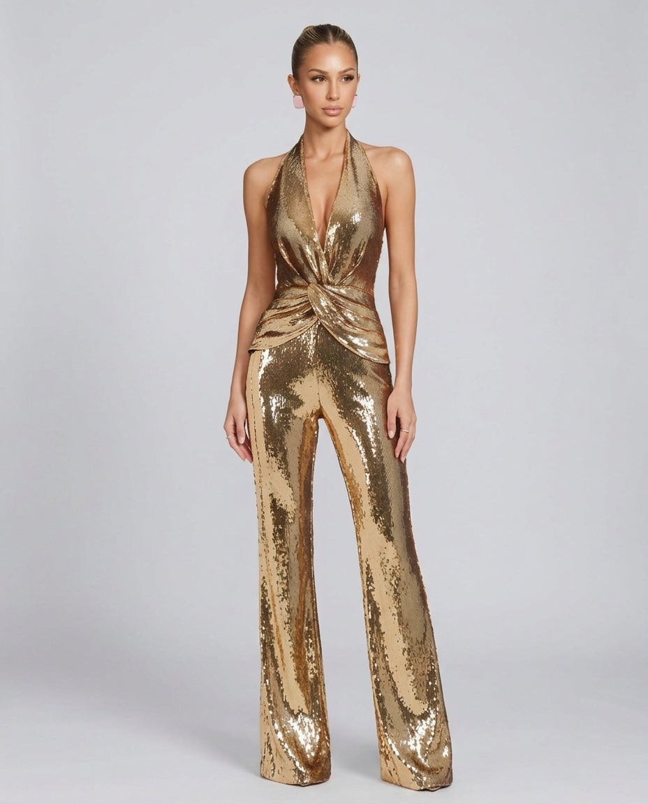 EVIE | Twisted Front Metallic Sleeveless Jumpsuit