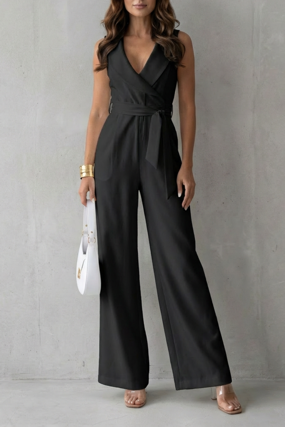 EVIE | Sleeveless Lapel Wrap Wide Leg Jumpsuit