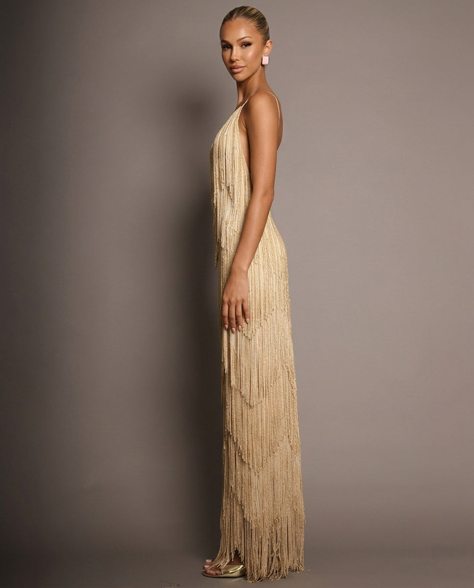 EVIE | Fringe Tiered V-Neck Cami Maxi Dress